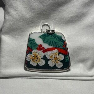 Broken China Ceramic Pendant with Silver Frame